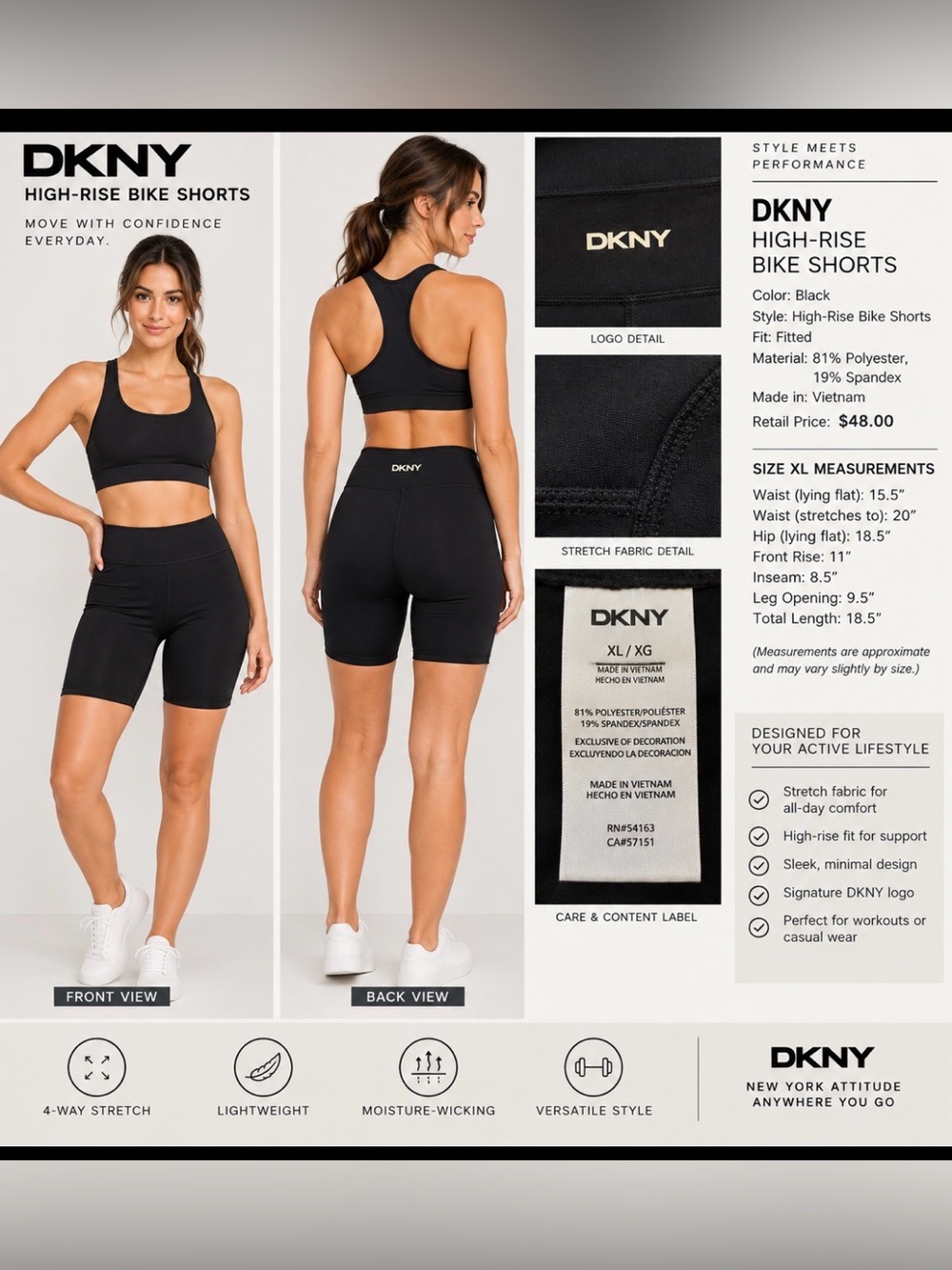 DKNY Women’s Black High-Rise Bike Shorts — Fitted Active Style, Size XL